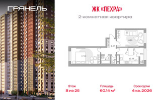 Планировка двухкомнатной(квартира) площадью 60.14 квадратных метров в “ЖК Пехра”