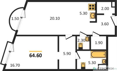 Планировка однокомнатной(квартира) площадью 65.2 квадратных метров в ЖК “ЖК Logos (Логос)”