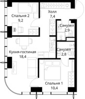 Планировка двухкомнатной(квартира) площадью 51.1 квадратных метров в “ЖК Сити Бэй”