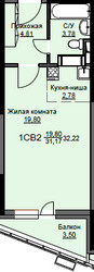 Планировка студии(квартира) площадью 32.7 квадратных метров в ЖК “ЖК Соболевка”