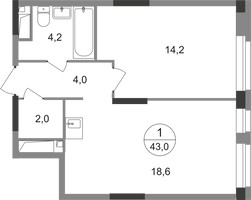 Планировка однокомнатной(квартира) площадью 43 квадратных метров в “ЖК Первый Московский”