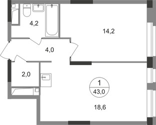 Планировка однокомнатной(квартира) площадью 43 квадратных метров в ЖК “ЖК Первый Московский”