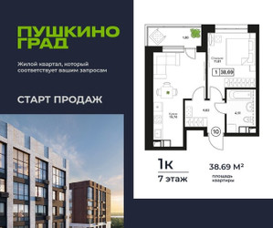 Планировка однокомнатной(квартира) площадью 38.69 квадратных метров в ЖК “ЖК Пушкино Град”