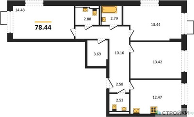 Планировка трехкомнатной(квартира) площадью 78.44 квадратных метров в ЖК “ЖК Молжаниново”