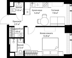Планировка однокомнатной(квартира) площадью 36.72 квадратных метров в “ЖК Веер”