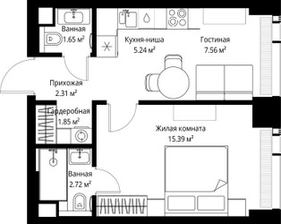 Планировка однокомнатной(квартира) площадью 36.72 квадратных метров в ЖК “ЖК Веер”