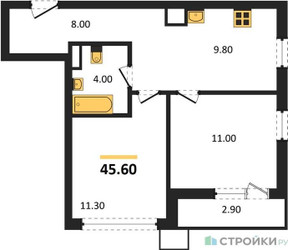 Планировка двухкомнатной(квартира) площадью 45.6 квадратных метров в ЖК “ЖК Родные кварталы”