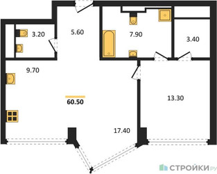 Планировка однокомнатной(квартира) площадью 60.5 квадратных метров в ЖК “ЖК High Life (Хай Лайф)”