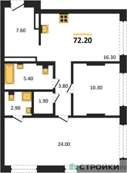 Планировка двухкомнатной(квартира) площадью 72.2 квадратных метров в ЖК “ЖК Первый квартал”