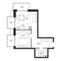 Планировка двухкомнатной(апартаменты) площадью 49.1 квадратных метров в “ЖК Аквилон Signal (Аквилон Сигнал)”