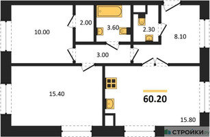 Планировка двухкомнатной(квартира) площадью 60.2 квадратных метров в “ЖК Voxhall (Воксхолл)”