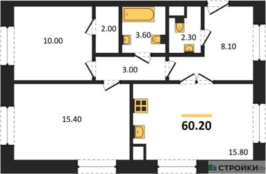 Планировка двухкомнатной(квартира) площадью 60.2 квадратных метров в ЖК “ЖК Voxhall (Воксхолл)”