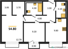 Планировка двухкомнатной(квартира) площадью 54.8 квадратных метров в “ЖК Равновесие”