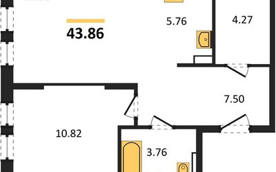 Планировка однокомнатной(квартира) площадью 43.86 квадратных метров в ЖК “ЖК Остафьево”