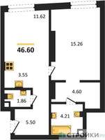 Планировка однокомнатной(квартира) площадью 46.6 квадратных метров в “ЖК Солос”