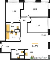 Планировка трехкомнатной(квартира) площадью 91.9 квадратных метров в “ЖК Собрание клубных домов West Garden (Вест Гарден)”