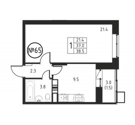 Планировка однокомнатной(квартира) площадью 38.5 квадратных метров в ЖК “ЖК Космос”