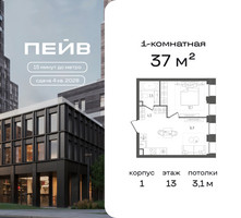 Планировка однокомнатной(квартира) площадью 37 квадратных метров в “ЖК ПЕЙВ”