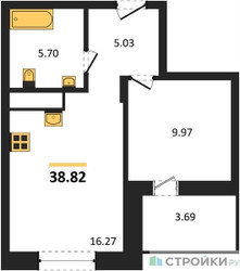 Планировка однокомнатной(квартира) площадью 38.82 квадратных метров в ЖК “ЖК ВОСТОК II”