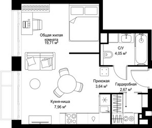 Планировка студии(квартира) площадью 38.03 квадратных метров в ЖК “Архитектурный проект Мыс”