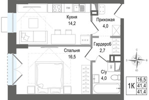 Планировка однокомнатной(квартира) площадью 41.4 квадратных метров в “ЖК КИНОКВАРТАЛ”