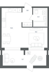Планировка однокомнатной(квартира) площадью 37.3 квадратных метров в ЖК “ЖК Равновесие”