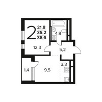 Планировка двухкомнатной(квартира) площадью 36.6 квадратных метров в “Новые Ватутинки. Заречный”