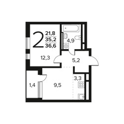 Планировка двухкомнатной(квартира) площадью 36.6 квадратных метров в ЖК “Новые Ватутинки. Заречный”