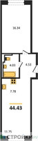 Планировка однокомнатной(квартира) площадью 44.43 квадратных метров в “ЖК Квартал Западный”