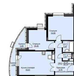 Планировка двухкомнатной(квартира) площадью 60.7 квадратных метров в ЖК “ЖК Соболевка”