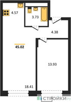 Планировка однокомнатной(квартира) площадью 44.9 квадратных метров в “ЖК Новоград Павлино”