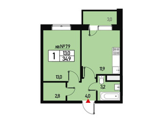 Планировка однокомнатной(квартира) площадью 34 квадратных метров в ЖК “ЖК Борисоглебское”