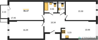 Планировка трехкомнатной(квартира) площадью 81.17 квадратных метров в “ЖК Остафьево”