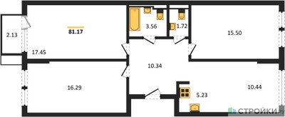 Планировка трехкомнатной(квартира) площадью 81.17 квадратных метров в ЖК “ЖК Остафьево”