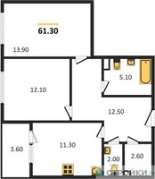 Планировка двухкомнатной(квартира) площадью 61.3 квадратных метров в “Жилой квартал Новое Медведково”