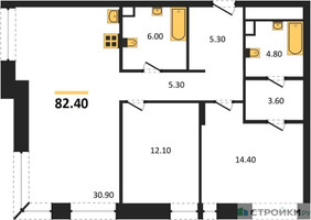 Планировка двухкомнатной(квартира) площадью 82.4 квадратных метров в “ЖК Luzhniki Collection (Коллекция Лужники)”