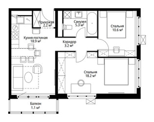 Планировка двухкомнатной(квартира) площадью 59.5 квадратных метров в ЖК “ЖК Эко Видное 2.0”