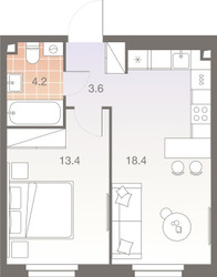 Планировка двухкомнатной(квартира) площадью 39.6 квадратных метров в ЖК “ЖК Twelve (Твелв)”