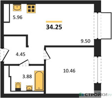 Планировка однокомнатной(квартира) площадью 34.25 квадратных метров в “ЖК Томилино Парк”