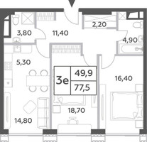 Планировка трехкомнатной(квартира) площадью 77.5 квадратных метров в “ЖК Will Towers (Вилл Тауэрс)”