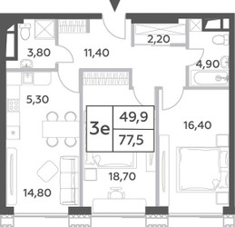 Планировка трехкомнатной(квартира) площадью 77.5 квадратных метров в ЖК “ЖК Will Towers (Вилл Тауэрс)”
