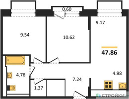 Планировка двухкомнатной(квартира) площадью 47.86 квадратных метров в “ЖК Долина Яузы”