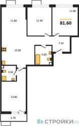 Планировка трехкомнатной(квартира) площадью 81.6 квадратных метров в ЖК “ЖК Скандинавия”