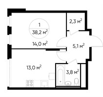 Планировка однокомнатной(квартира) площадью 38.2 квадратных метров в “ЖК Переделкино Ближнее”