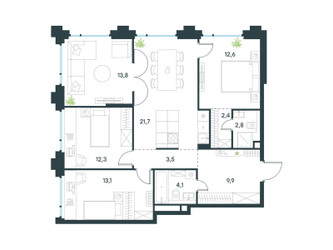 Планировка 4+ комнатной(квартира) площадью 96.1 квадратных метров в ЖК “ЖК Level Бауманская”