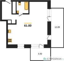 Планировка однокомнатной(апартаменты) площадью 61 квадратных метров в “ЖК ФизтехСити”