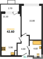 Планировка однокомнатной(квартира) площадью 42.4 квадратных метров в “ЖК Бунинские кварталы”
