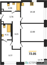 Планировка трехкомнатной(квартира) площадью 72.05 квадратных метров в ЖК “ЖК Sezar City (Сезар Сити)”