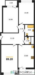 Планировка трехкомнатной(квартира) площадью 89.2 квадратных метров в ЖК “Квартал Филатов луг”