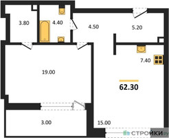 Планировка однокомнатной(квартира) площадью 62.3 квадратных метров в “ЖК Монблан”